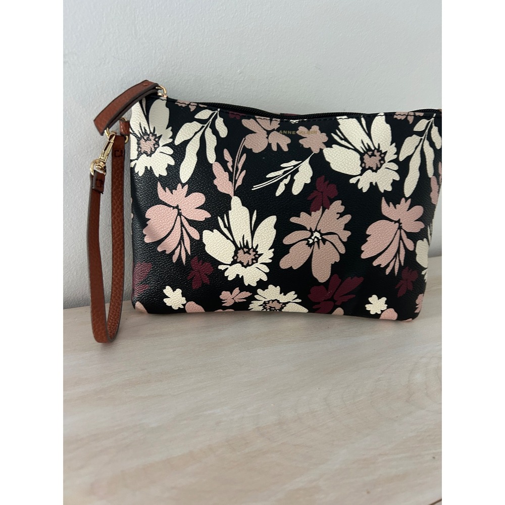 Anne Klein Floral Wristlet Clutch Bag Black Pink Cream Gold Hardware